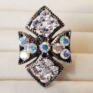 Vintage Maltese Cross Ring Iridescent Aurora Borealis & Clear Rhinestone Sparkly